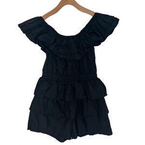 NWOT Black Ruffle Off The Shoulder Tiered Romper Coquette Feminine Romantic Sz L